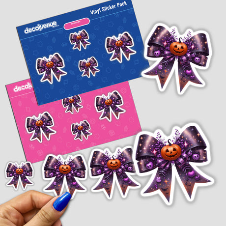 Purple Coquette Bow w/ Pumpkin sticker pack featuring multiple purple bows adorned with carved pumpkin faces. Available as stickers or digital artwork from Decal Venue.