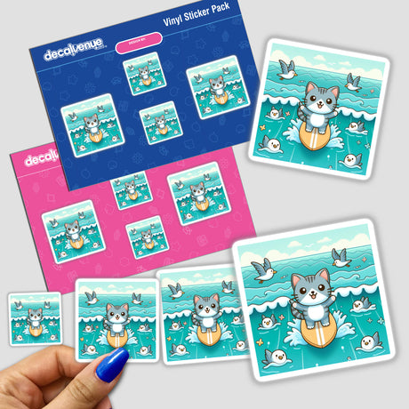 Colorful vinyl stickers of a surfing cat and its friends, featuring the Decal Venue brand logo. The stickers depict the playful cat riding a surfboard amidst a vibrant, ocean-themed background with other cute cat characters.