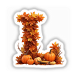 Thanksgiving Letter L Clipart with pumpkins and fall leaves, available as stickers or for digital download.