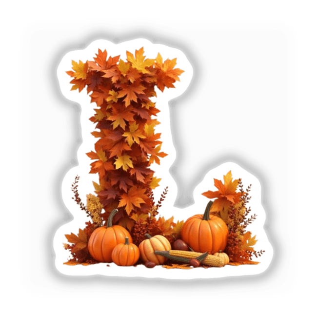 Thanksgiving Letter L Clipart with pumpkins and fall leaves, available as stickers or for digital download.