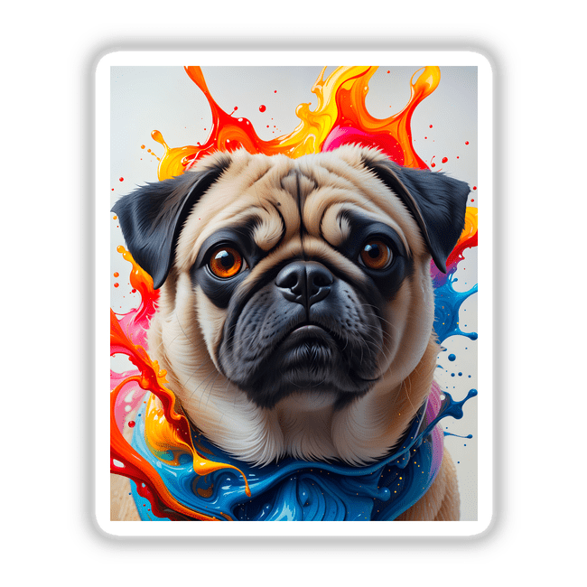 A Cute Pug - Animal Portrait featuring a pug with colorful paint splashes, available as stickers or digital artwork, showcasing a close-up of the dog's face for Decal Venue.