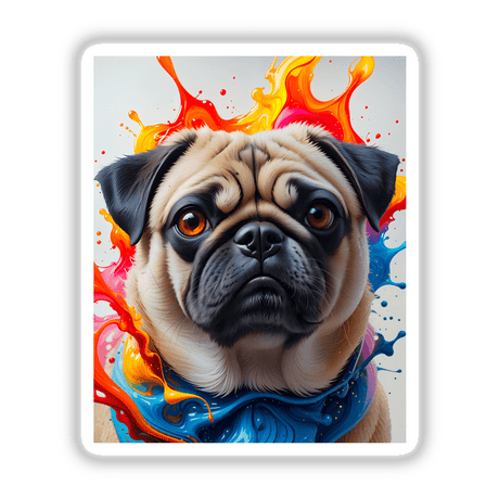 A Cute Pug - Animal Portrait featuring a pug with colorful paint splashes, available as stickers or digital artwork, showcasing a close-up of the dog's face for Decal Venue.