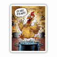 Funny Chicken Soup Cartoon Clipart - Stickers or Commercial License Download showing a cartoon chicken jumping over a boiling pot, available as stickers or digital artwork.