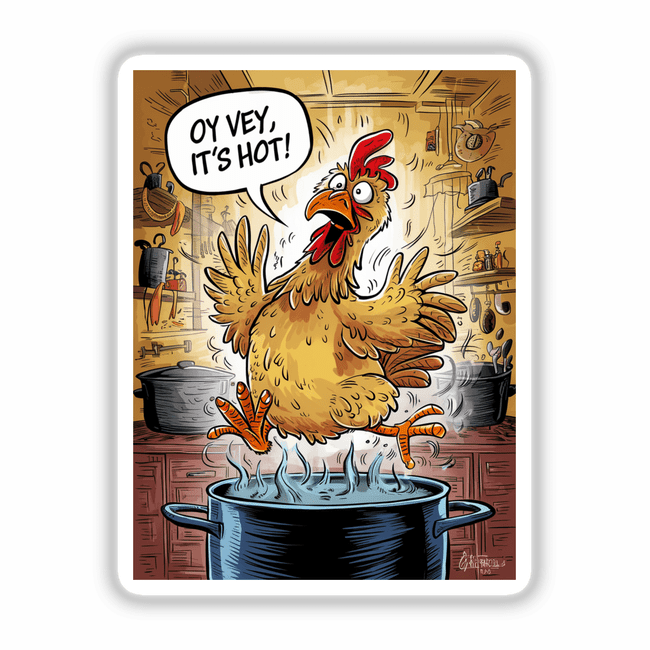 Funny Chicken Soup Cartoon Clipart - Stickers or Commercial License Download showing a cartoon chicken jumping over a boiling pot, available as stickers or digital artwork.