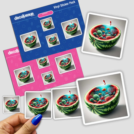 Hand holding Aquatic Wonderland Coral Reef Inside a Watermelon sticker pack, featuring whimsical sea creatures inside a watermelon.