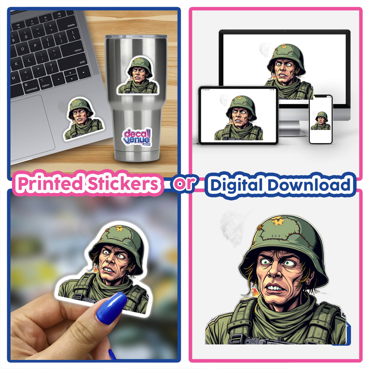 Collage of Soldado Caolha stickers and digital artwork featuring a helmeted man, a hand holding a soldier sticker, and a laptop displaying the cartoon character.