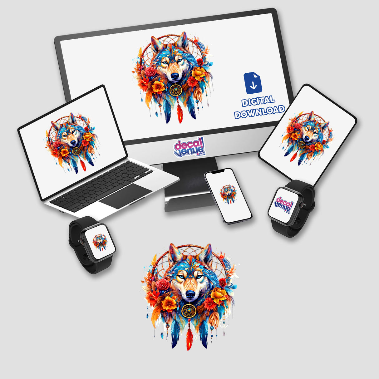 Dreamcatcher wolf depicted on a computer monitor, laptop, phone, and smartwatch screen. Available as stickers or digital artwork.