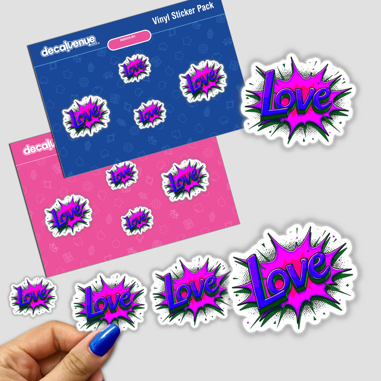 Love Valentine's Day stickers featuring text and floral designs, showcasing a close-up of a fingernail touching the vibrant artwork, available as physical or digital art from Decal Venue.