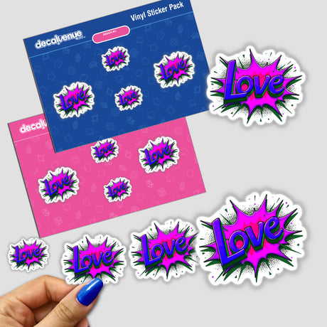 Love Valentine's Day stickers featuring text and floral designs, showcasing a close-up of a fingernail touching the vibrant artwork, available as physical or digital art from Decal Venue.