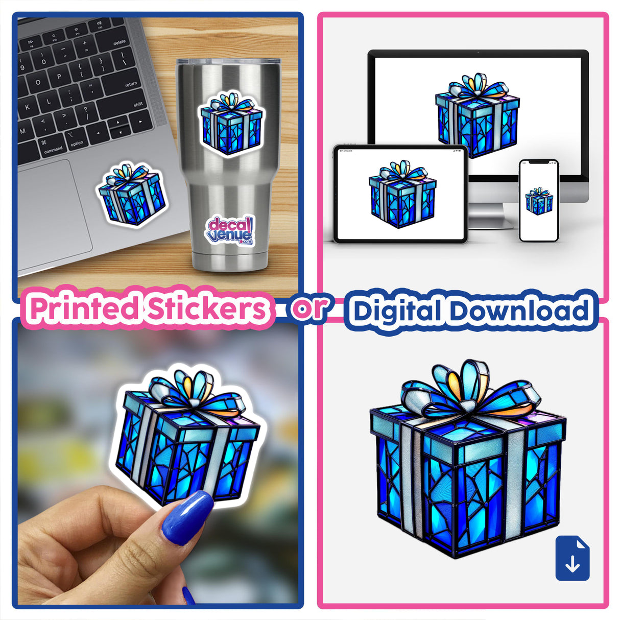 Hanukkah Gift Box Stained Glass Style collage featuring blue gift boxes with bows, emphasizing unique sticker or digital artwork options from Decal Venue.