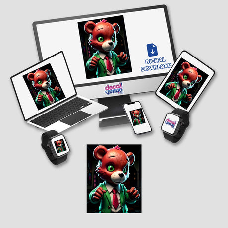 A Macabre Scary Bear cartoon character displayed across a computer monitor, laptop, and tablet, available as stickers or digital artwork.