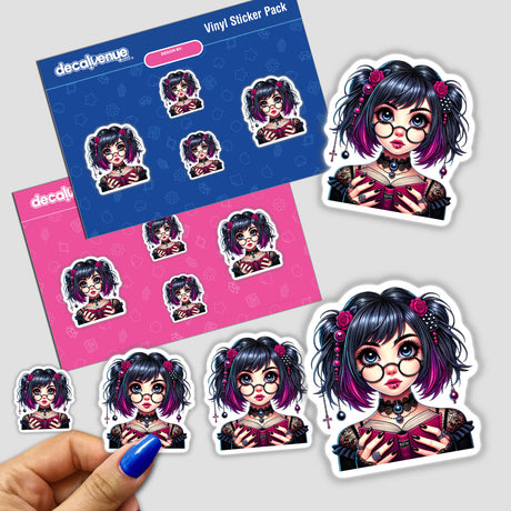 Goth girl in reading glasses with book digital art stickers, showcased against a pink and blue background, featuring a variety of vinyl sticker designs.