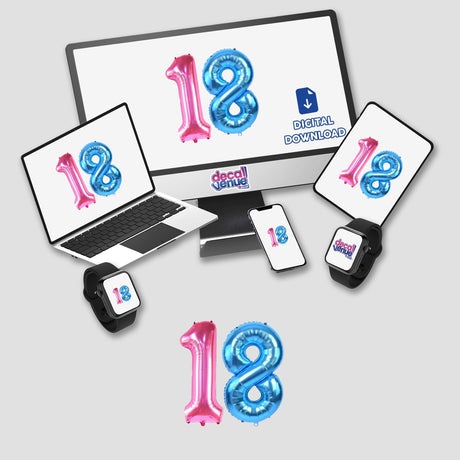 Colorful 18th birthday balloons displayed on various digital devices from Decal Venue, a store offering unique stickers and digital art for self-expression. Available as both stickers and digital downloads.