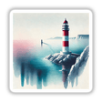 Lighthouse on the Cliff - Bohemian Watercolor Landscape: A painting of a lighthouse on a rocky shore, available as unique stickers or digital artwork.