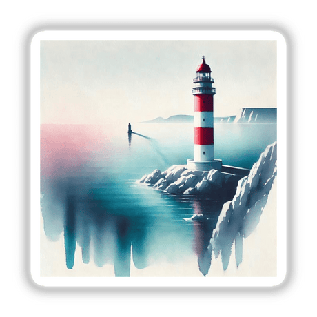 Lighthouse on the Cliff - Bohemian Watercolor Landscape: A painting of a lighthouse on a rocky shore, available as unique stickers or digital artwork.