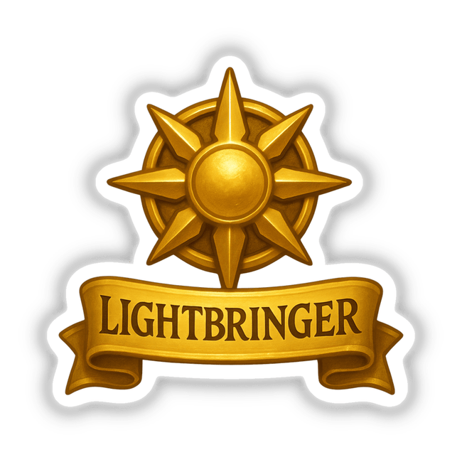 Lightbringer – RPG-Style Skill Badge, a gold radiant emblem design, available as stickers or digital artwork, showcasing intricate detailing perfect for fans of unique vinyl decals and digital art.