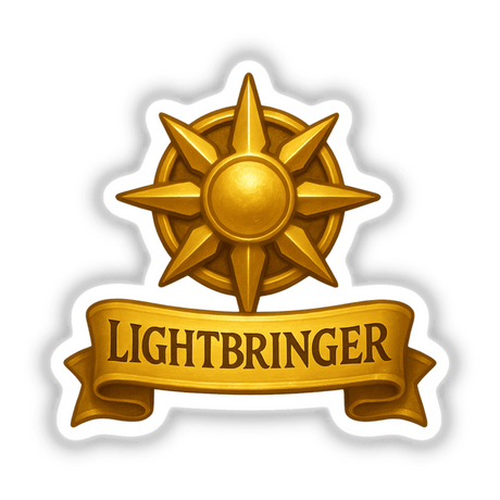 Lightbringer – RPG-Style Skill Badge, a gold radiant emblem design, available as stickers or digital artwork, showcasing intricate detailing perfect for fans of unique vinyl decals and digital art.