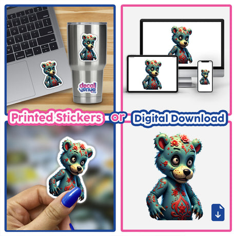 Collage featuring A Macabre Scary Bear sticker on a laptop, showcasing its unique cartoon style, available as vinyl stickers or digital artwork from Decal Venue.