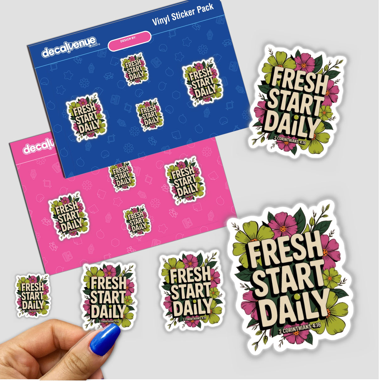 Fresh Start Daily 2 Corinthians 4:16 Sticker or Clipart featuring floral designs and text, available as stickers or digital artwork, held in a hand, suitable for commercial use.