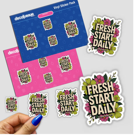 Fresh Start Daily 2 Corinthians 4:16 Sticker or Clipart featuring floral designs and text, available as stickers or digital artwork, held in a hand, suitable for commercial use.
