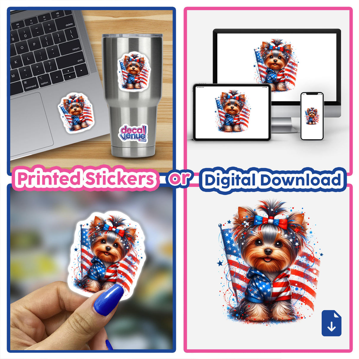 Patriotic Yorkie dog with American flag design, available as printed stickers or digital download from Decal Venue store