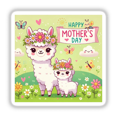 Mother's Day Alpaca Graphic Floral Happy Scene, showcasing an alpaca surrounded by flowers, offered as stickers or digital artwork.