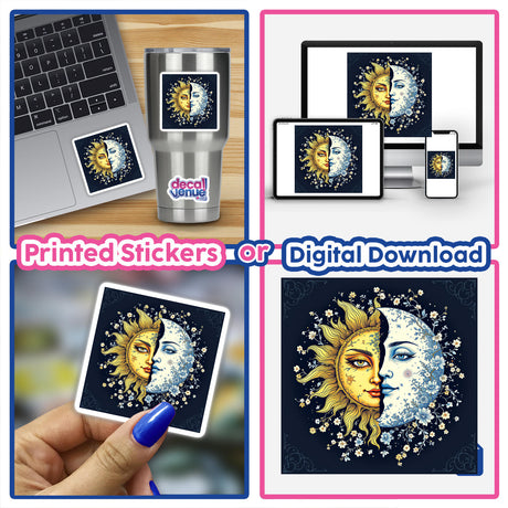 Chinoiserie Sun and Moon stickers or digital artwork, featuring a celestial design with floral elements, shown on a laptop, mug, and collage, highlighting versatile decorative applications.