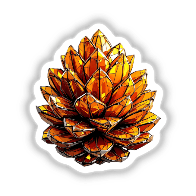 Pine cone Stained Glass Style sticker or digital artwork, featuring a gold pine cone adorned with crystal-like details, reflecting Decal Venue's unique design focus.
