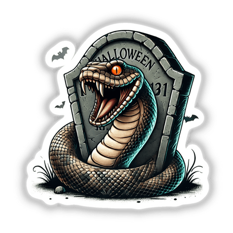 Spooky snake peering out of Halloween-themed tombstone with bats in background