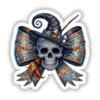 Coquette Skull Witch Bow: A skull adorned with a hat and bow, featuring intricate details, available as unique stickers or digital artwork from Decal Venue.