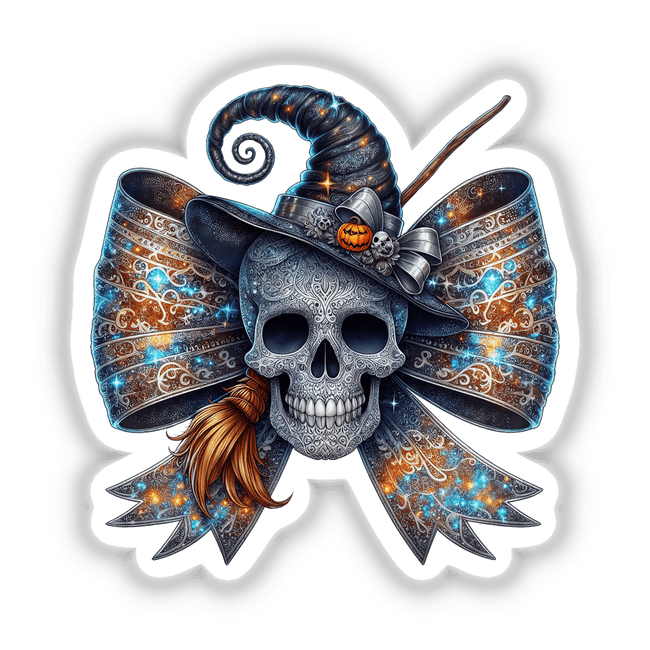 Coquette Skull Witch Bow: A skull adorned with a hat and bow, featuring intricate details, available as unique stickers or digital artwork from Decal Venue.