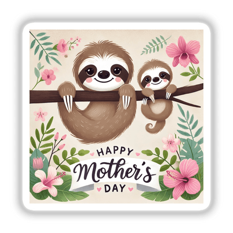Two Sloths on Branch Happy Mothers Day design, available as stickers or digital artwork, showcasing two adorable sloths lounging on a branch, perfect for Mother's Day gifting.