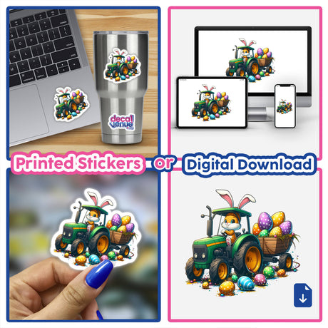 Easter Eggs Bunny Tractor: A whimsical sticker or digital artwork featuring a cartoon rabbit driving a tractor with a cart full of colorful eggs, ideal for unique vinyl collections.