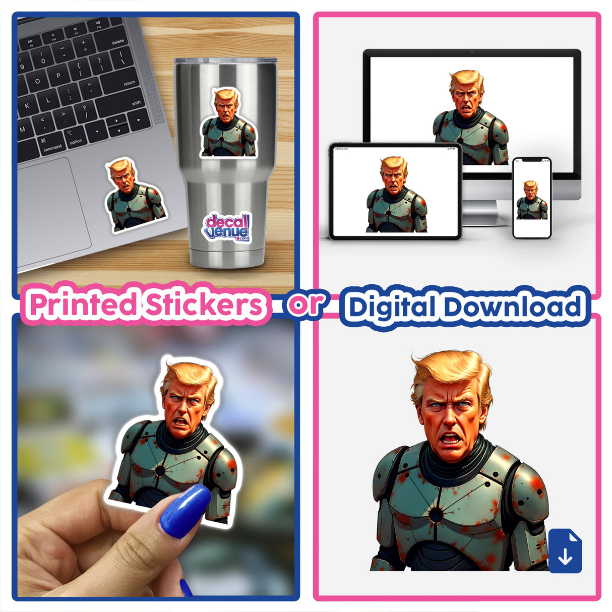 Collage featuring 'Futuristic President Donald Trump' in various forms, including stickers and digital artwork, with images of a man in a robot suit and a face on a stainless steel cup.