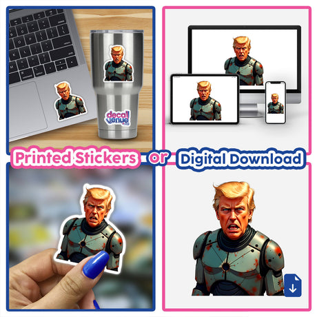Collage featuring 'Futuristic President Donald Trump' in various forms, including stickers and digital artwork, with images of a man in a robot suit and a face on a stainless steel cup.