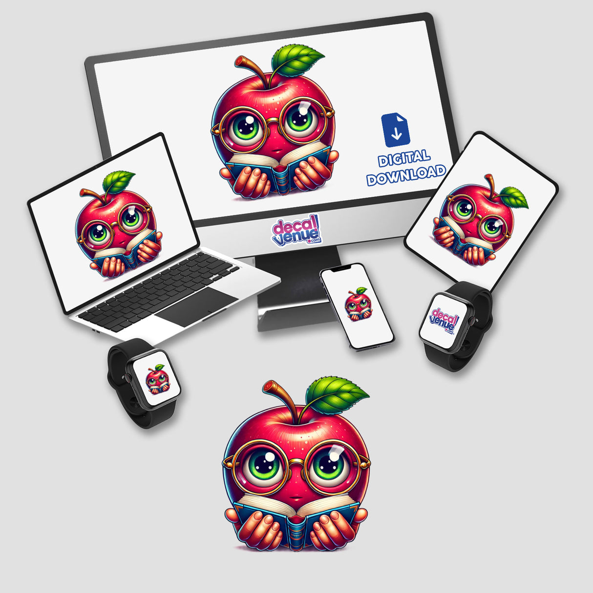 Apple in Reading Glasses with Book displayed on a computer monitor and laptop, available as Stickers or Digital Artwork.