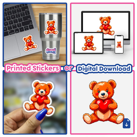 A collage featuring a laptop adorned with a Cute Valentine's Day Teddy Bear sticker, showcasing the teddy bear holding a heart. A hand holds a similar sticker, emphasizing its availability as stickers or digital artwork.