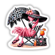 Sparkly Flamingo Beach Diva features a cartoon flamingo lounging in a chair with an umbrella and drink, available as stickers or digital artwork.