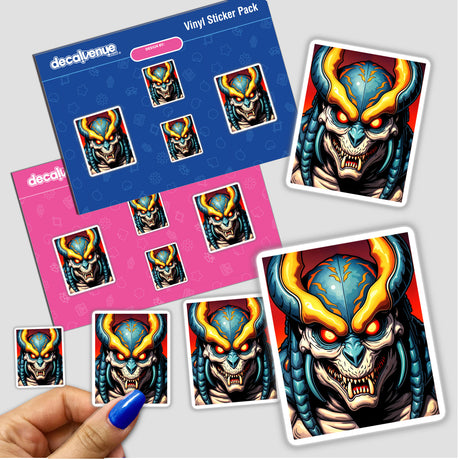Cool Alien Predator Soldier sticker; cartoon monster design with detailed features, held in a hand, available as a sticker or digital artwork.