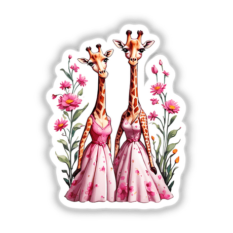 Cute Giraffes in Flower Dresses Sticker | Fun and Quirky Animal Design featuring giraffes in pink dresses adorned with flowers, available as stickers or digital artwork.