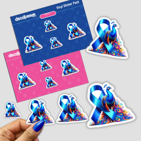 Peacock Blue Ribbon Colon Cancer Awareness stickers feature vibrant blue ribbons adorned with peacock motifs, available as unique vinyl stickers or digital artwork from Decal Venue.