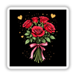 Bouquet of Red Roses with Pink Ribbon and Gold Hearts, available as stickers or digital artwork, showcasing lush roses tied with a pink ribbon, accented by delicate gold hearts.