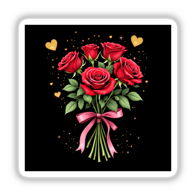 Bouquet of Red Roses with Pink Ribbon and Gold Hearts, available as stickers or digital artwork, showcasing lush roses tied with a pink ribbon, accented by delicate gold hearts.