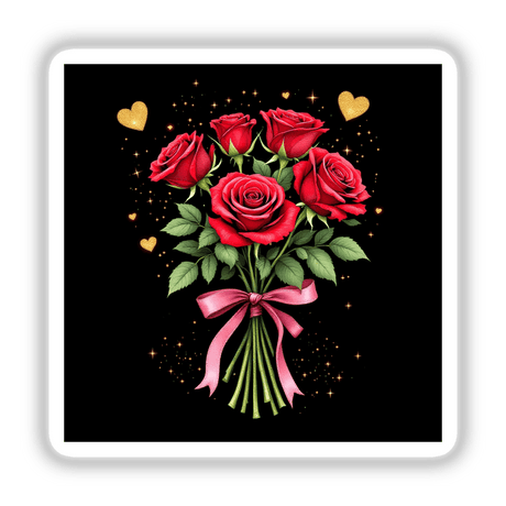 Bouquet of Red Roses with Pink Ribbon and Gold Hearts, available as stickers or digital artwork, showcasing lush roses tied with a pink ribbon, accented by delicate gold hearts.