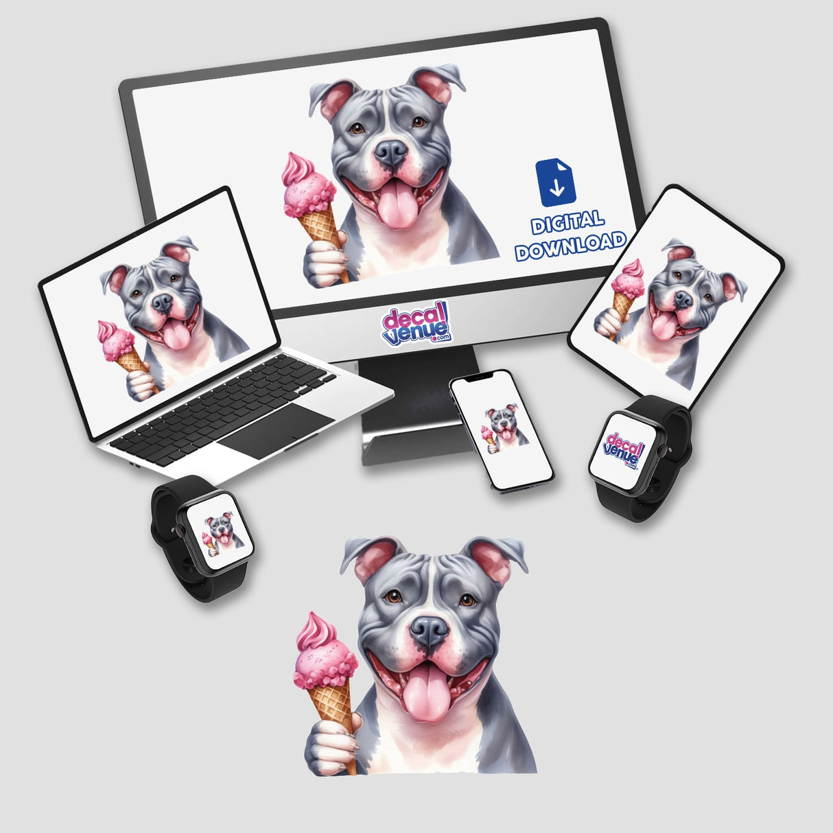 Gray Pitbull Dog with Ice Cream Cone - Stylish digital artwork available as stickers or digital downloads from Decal Venue