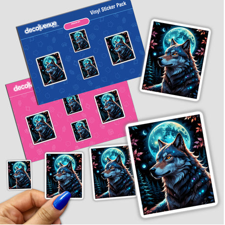 Wolf-themed sticker featuring a night scene with a bright moon and stars, titled A Wolf In The Night With A Bright Moon, ideal for fans of unique vinyl stickers and digital art.