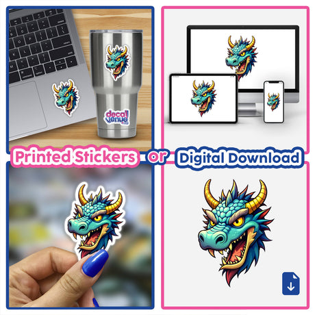 A collage featuring A Cool Fantasy Dragon stickers, showcasing various applications on a laptop, cup, and fingernail, highlighting the unique cartoon dragon designs from Decal Venue.