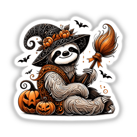 Whimsical Halloween sloth in witch costume with pumpkins, bats, and broom in digital art illustration