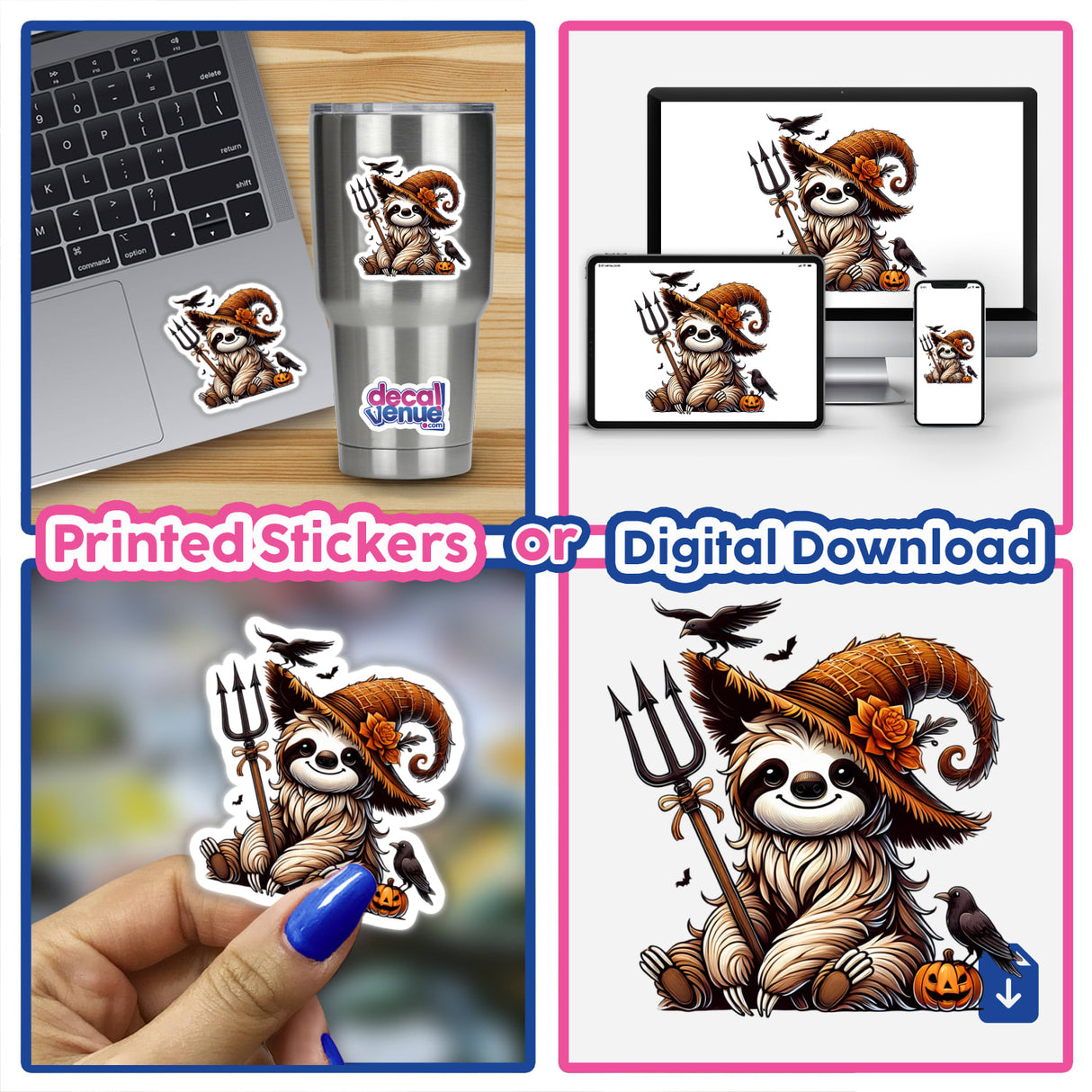Halloween Sloth with Pitchfork sticker featuring a cartoon sloth wearing a hat, visible on a laptop and a cup. Available as stickers or digital artwork.