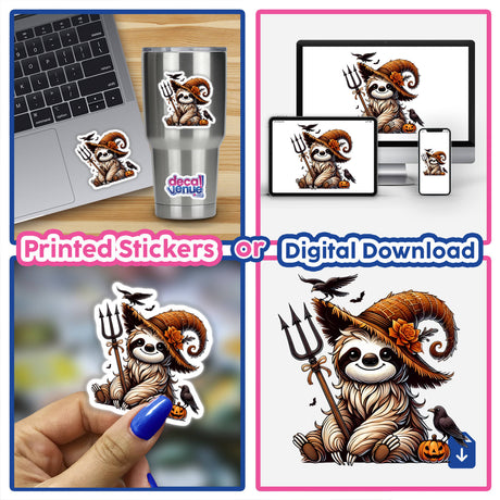 Halloween Sloth with Pitchfork sticker featuring a cartoon sloth wearing a hat, visible on a laptop and a cup. Available as stickers or digital artwork.